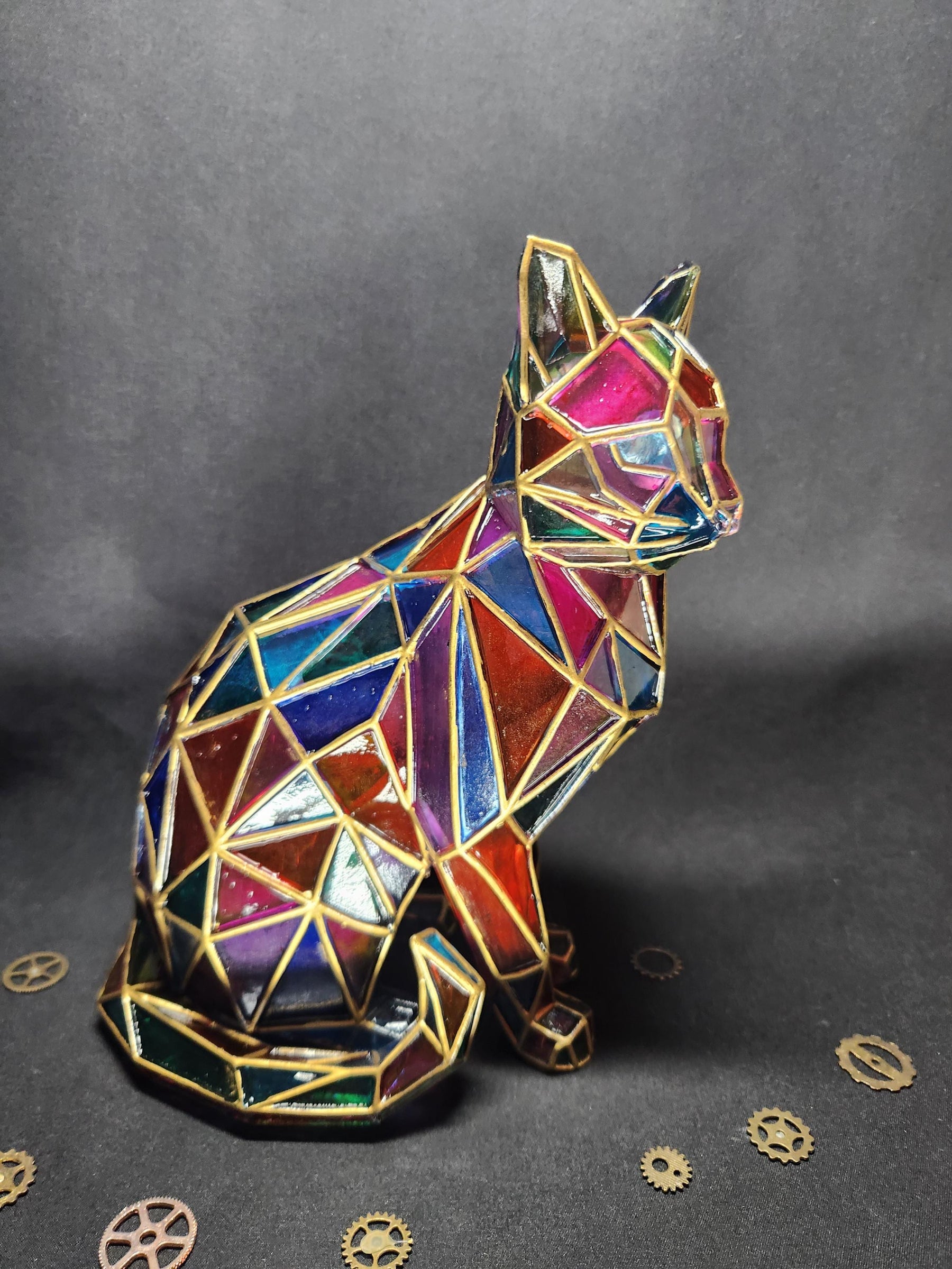 Stained Glass Cat - Hand Painted Cat Decor - Colorful Faux Stained Glass Figurine Cat Lover Gift