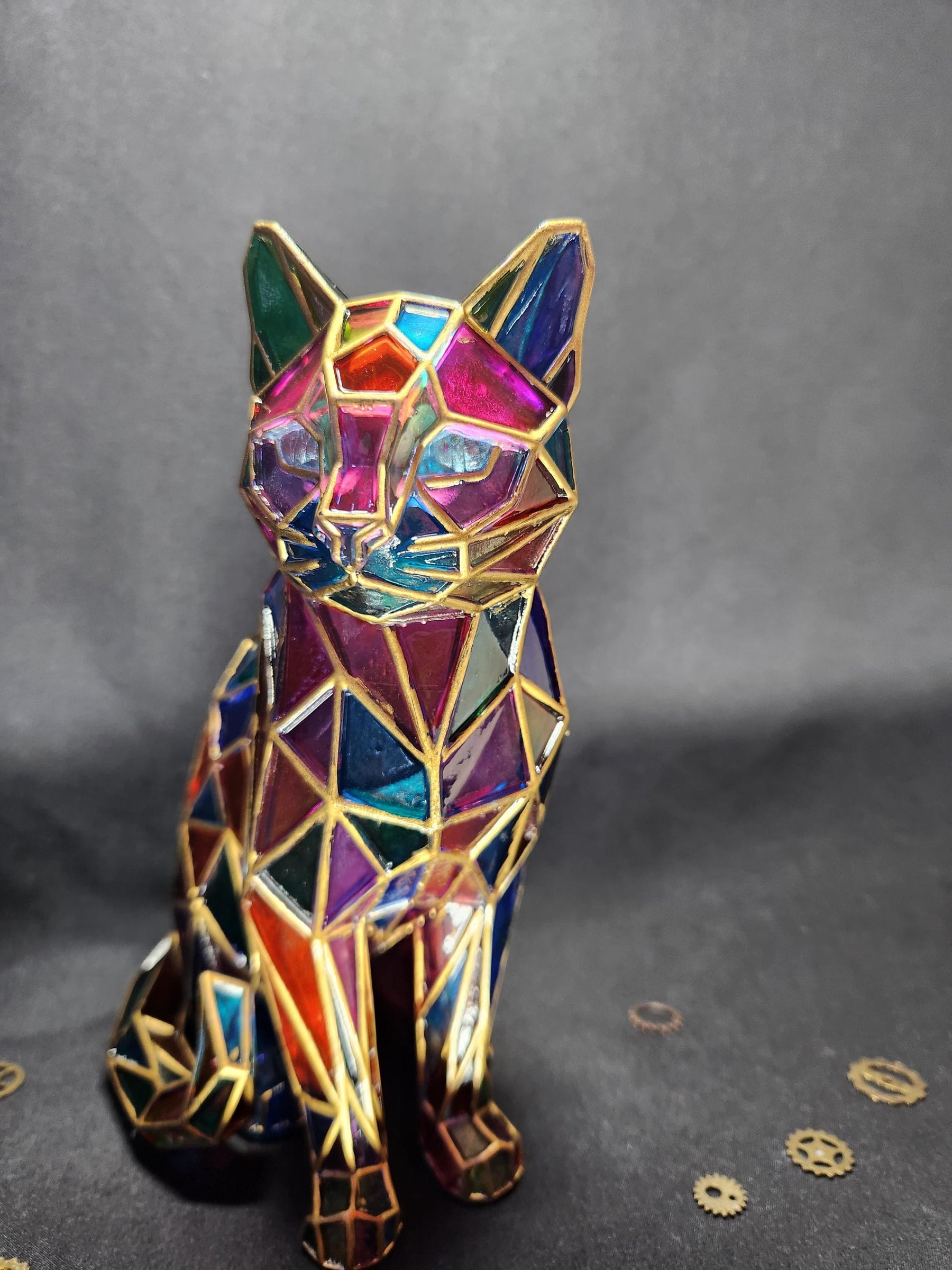 Stained Glass Cat - Hand Painted Cat Decor - Colorful Faux Stained Glass Figurine Cat Lover Gift