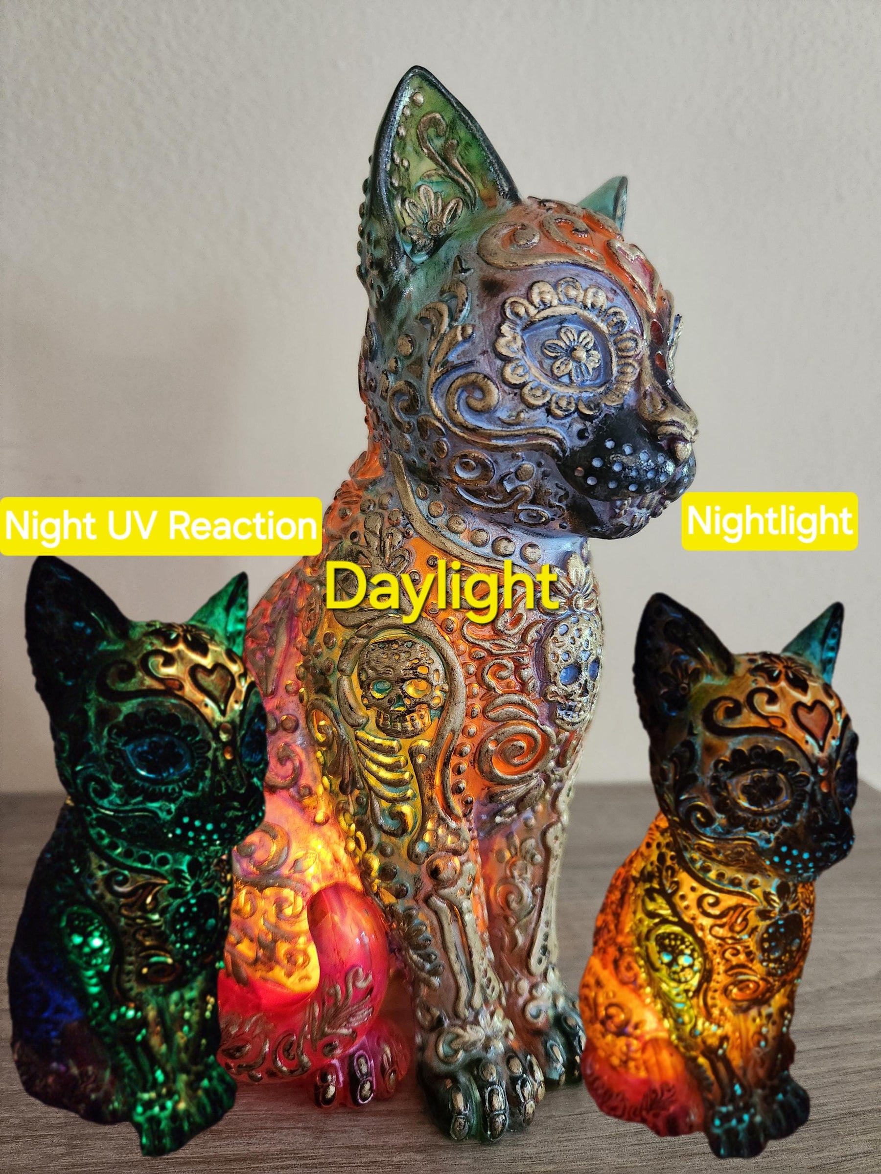 Sugar Skull Cat - Reverse Bright - Glowing Day of the Dead Resin Figure - Unique  Gift - LED Flame Effect - Glows in Dark