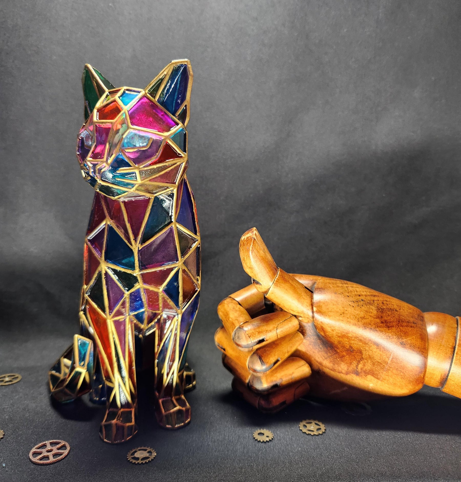 Stained Glass Cat - Hand Painted Cat Decor - Colorful Faux Stained Glass Figurine Cat Lover Gift