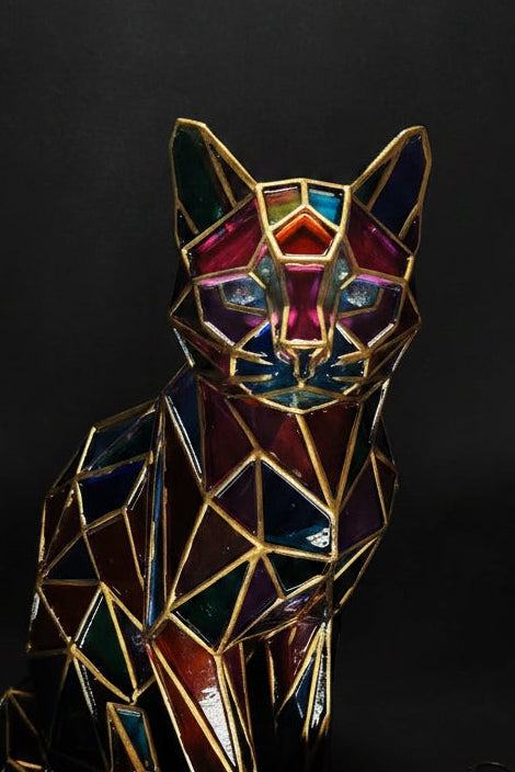 Stained Glass Cat - Hand Painted Cat Decor - Colorful Faux Stained Glass Figurine Cat Lover Gift