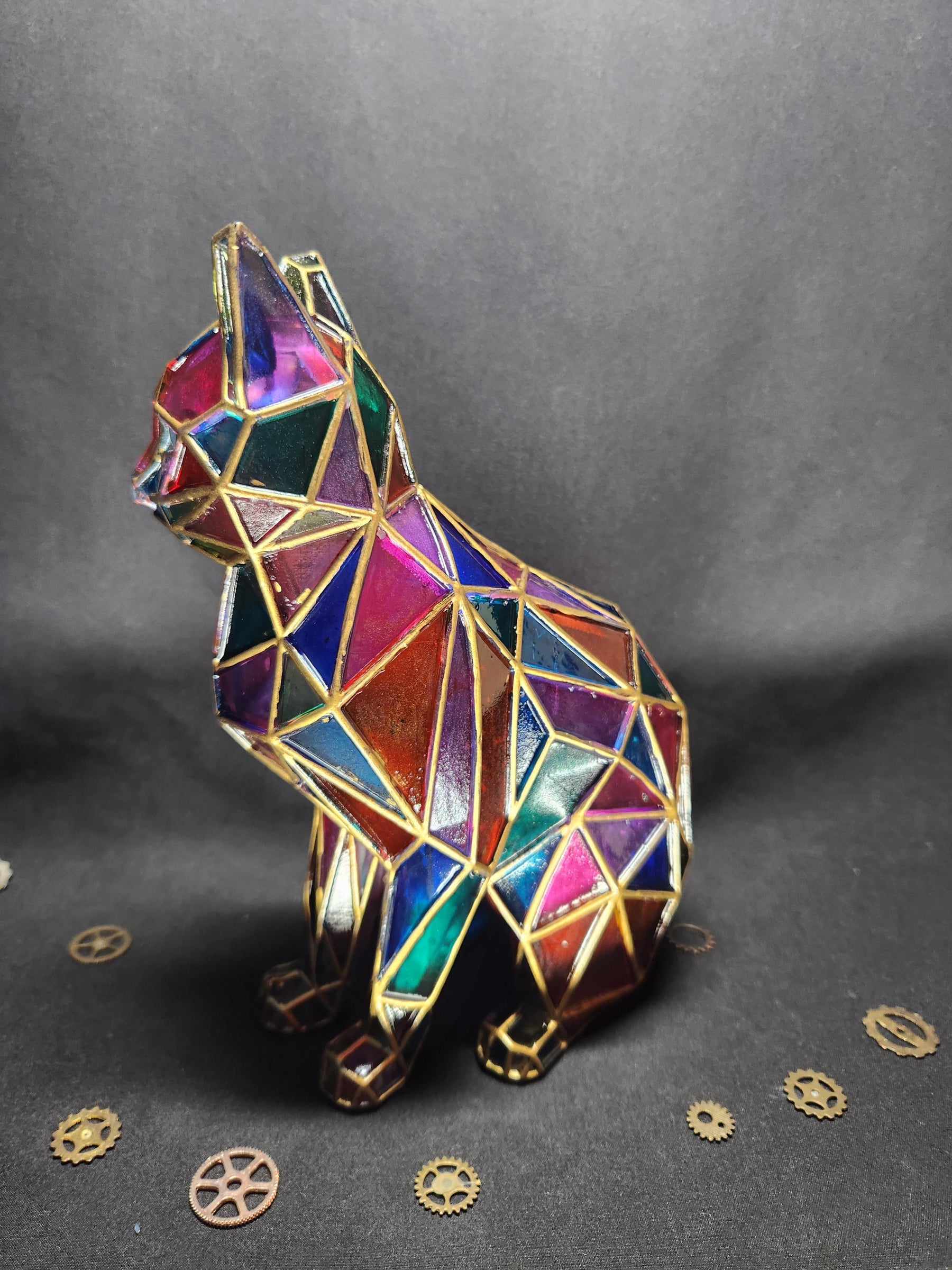 Stained Glass Cat - Hand Painted Cat Decor - Colorful Faux Stained Glass Figurine Cat Lover Gift