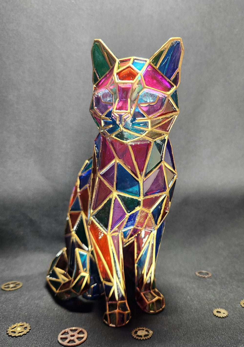 Stained Glass Cat - Hand Painted Cat Decor - Colorful Faux Stained Glass Figurine Cat Lover Gift